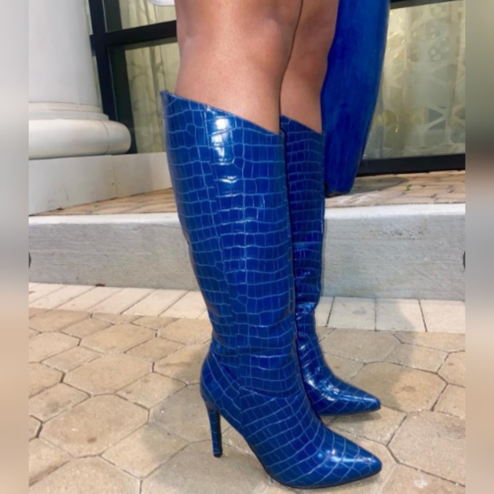 Blue heeled boots. Pointed-toe boot w/ stiletto heel. High heels. Winter or Fall